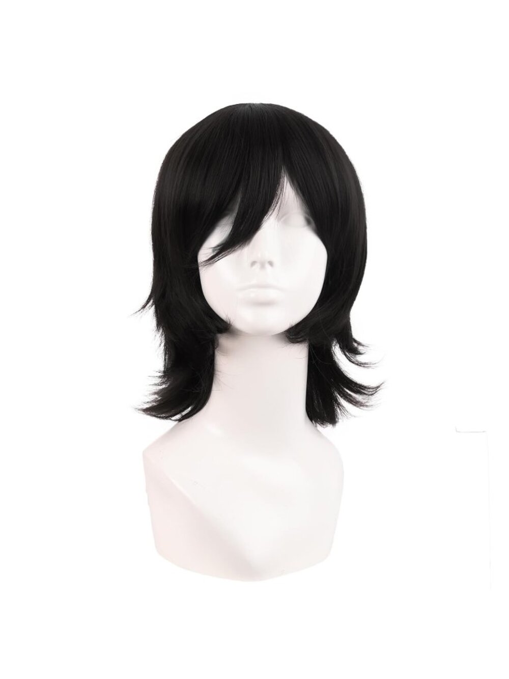 Women's Black 14 Inch Short Wolf Tail Side Synthetic Curly Wig Bangs